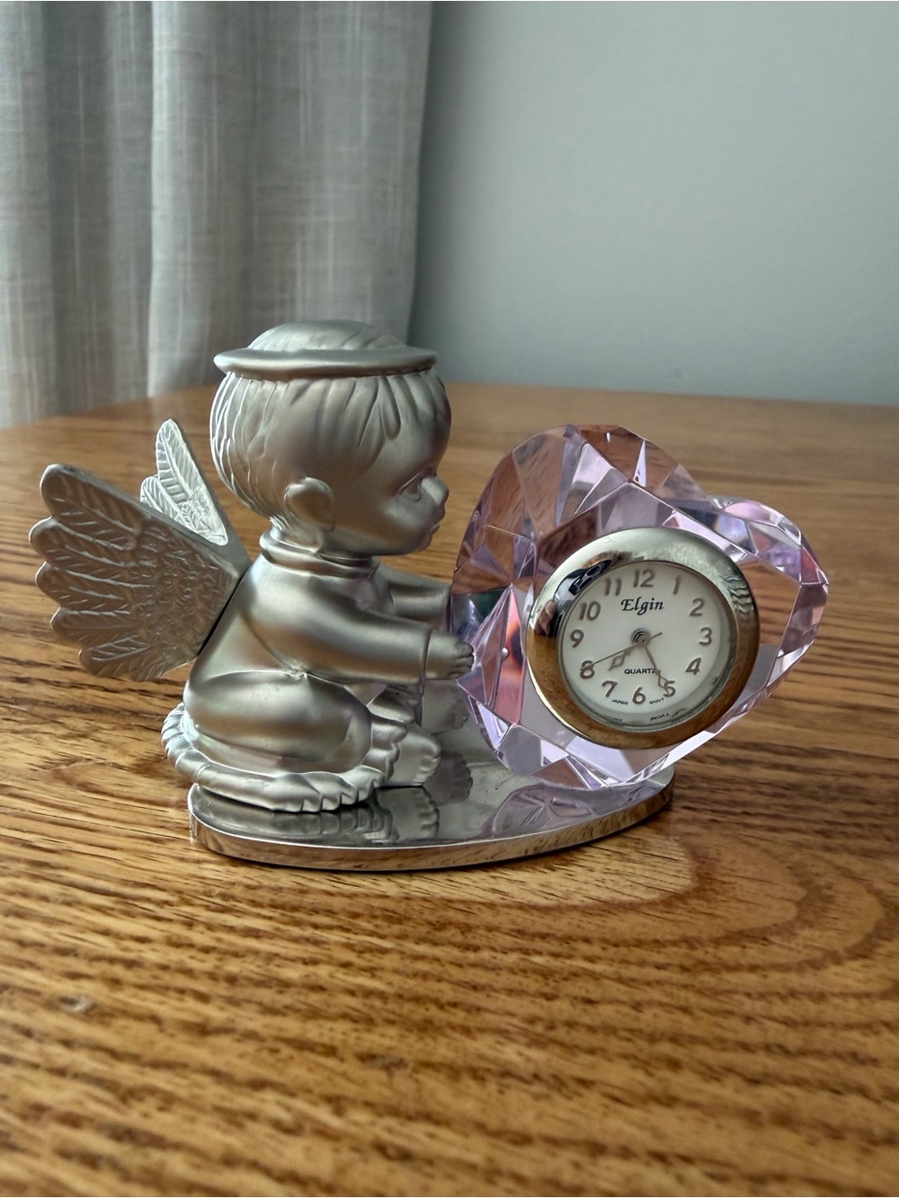 Vintage Elgin Silver Cherub Angel & Pink Crystal Heart Miniature Clock